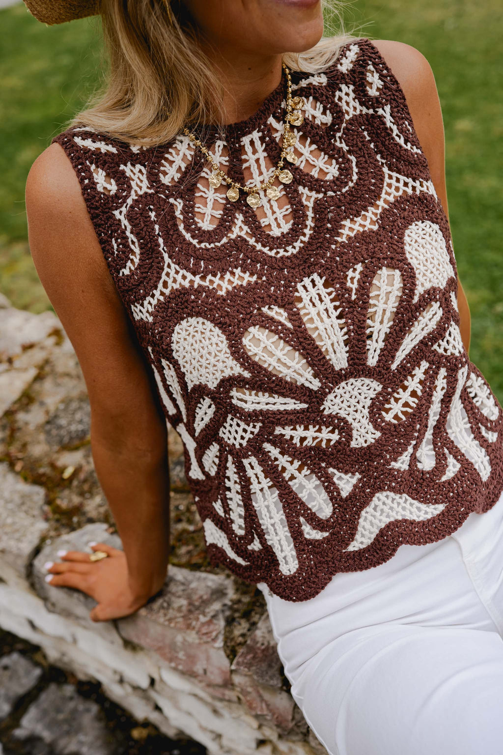 Brown And Ecru Crochet Zoe Top
