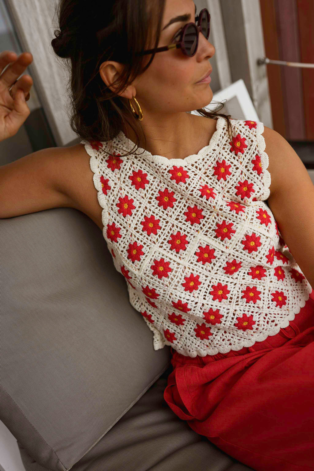 Ecru And Red Crochet Marcella Top