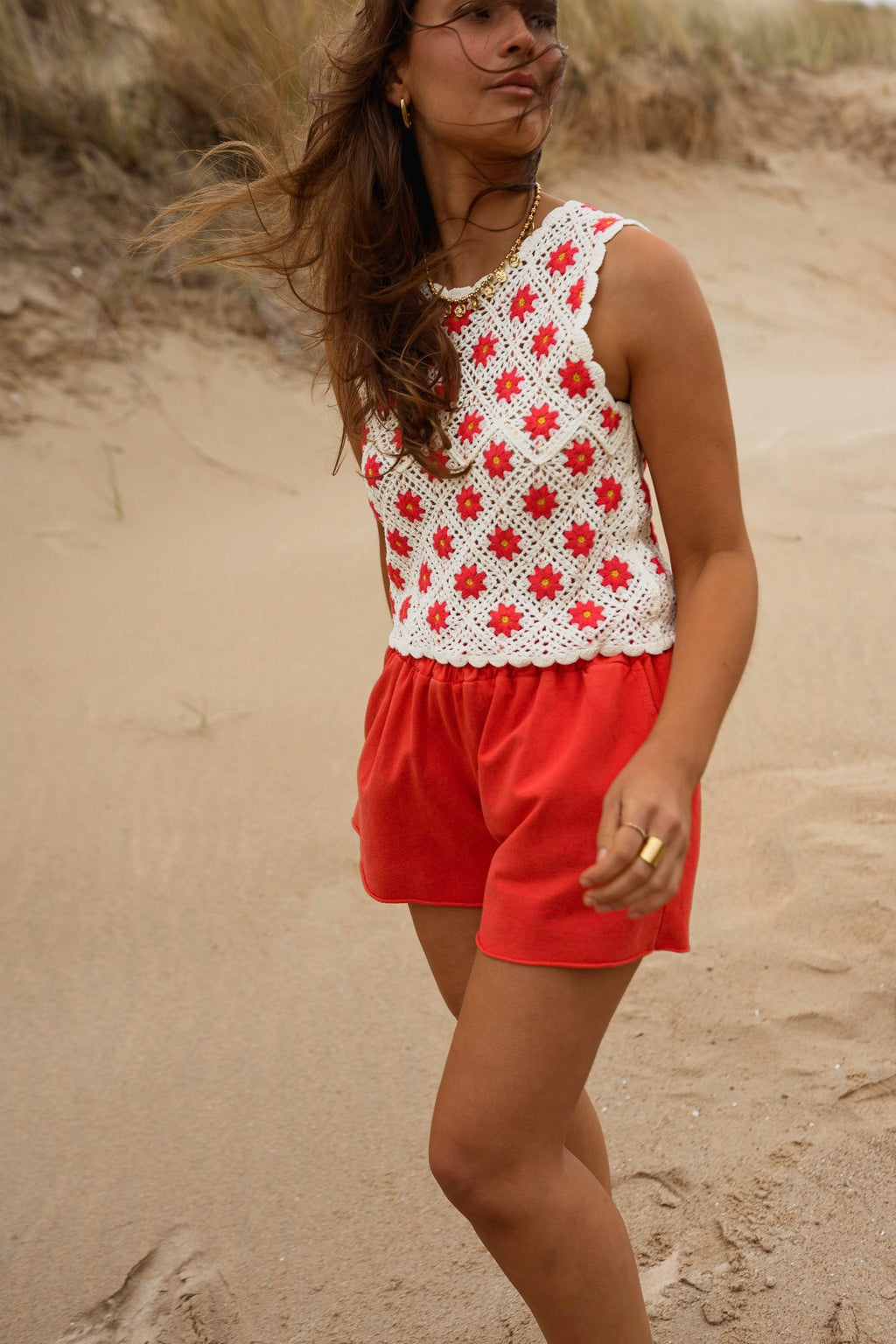 Ecru And Red Crochet Marcella Top