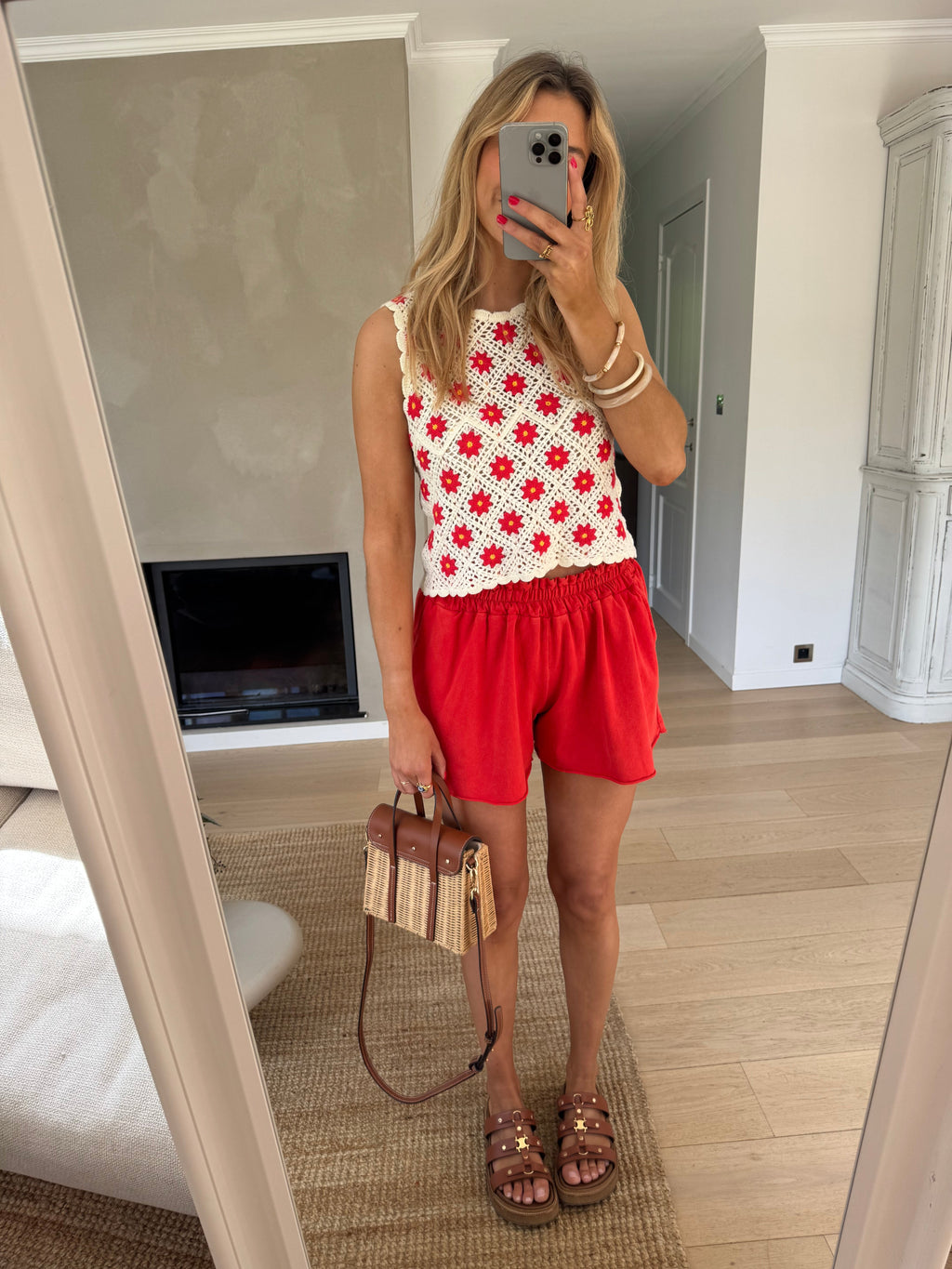 Ecru And Red Crochet Marcella Top
